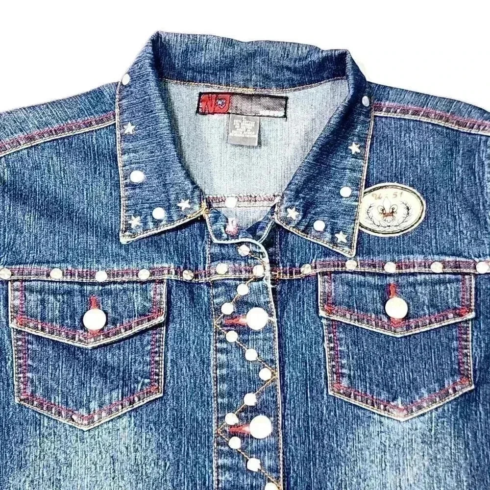 NEESO London Women's Jean Jacket L Metal Studs Patches Red New York Retro Y2K - Picture 2 of 16